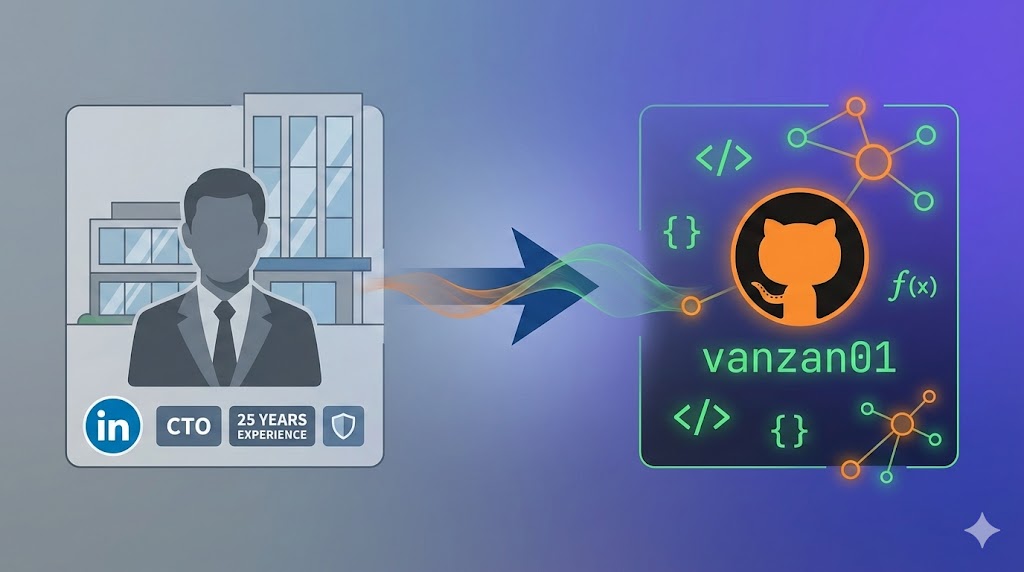 Conceptual illustration of transformation from corporate identity to a contributor under a handle