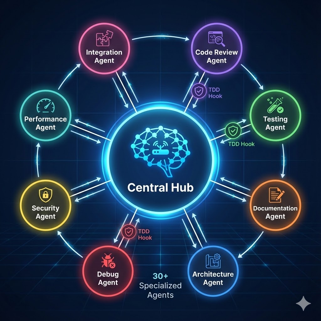 Hub-and-spoke architecture diagram showing central hub coordinating specialised agents