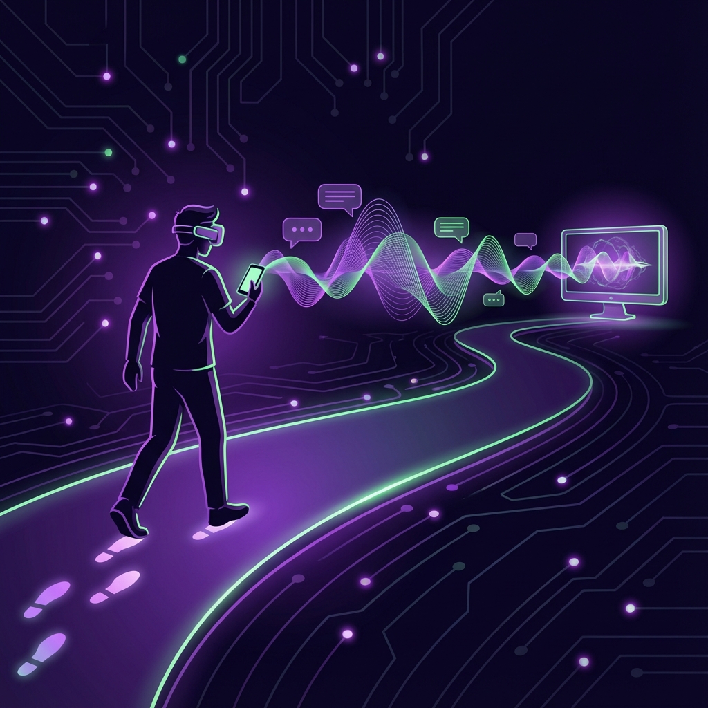 Person walking away from desk with phone, speech bubbles flowing between them and computer screen